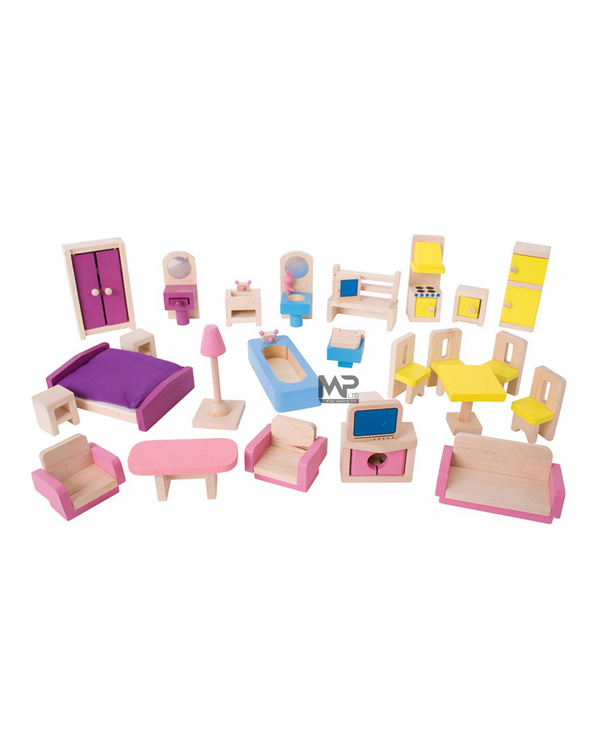 סט 4 חדרים מעץ לבית בובות