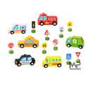 סט מכוניות עץ + תמרורים